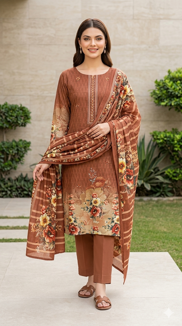Rust Floral Fusion – 3 Piece Digital Printed Lawn Suit with Dupatta