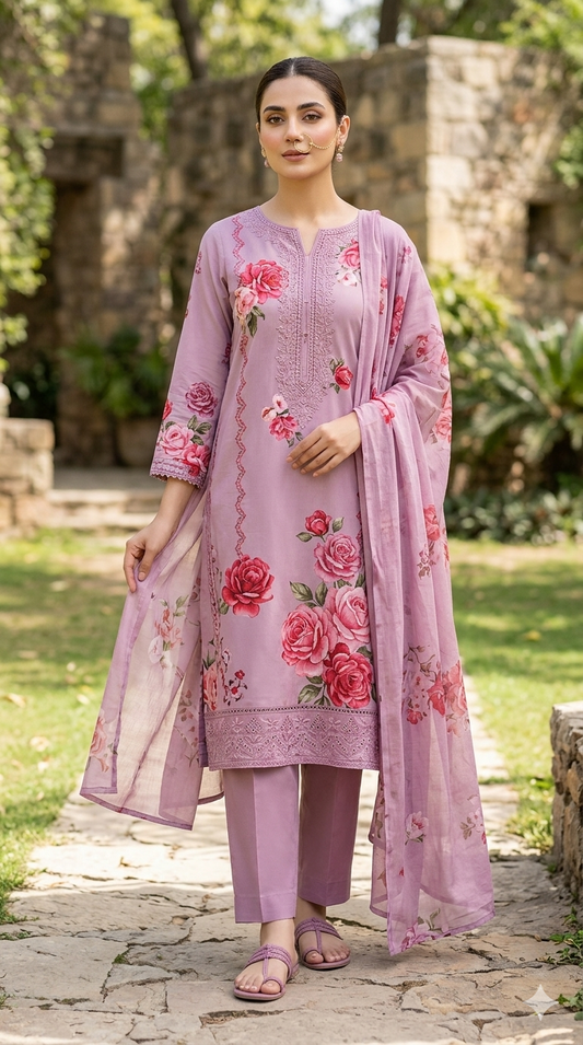 Digital Bana Doria Lawn – 3 Piece Printed & Embroidered Suit (Rangreza Edition)