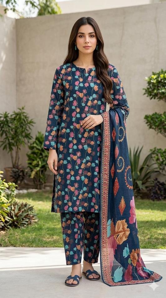 Luxe Floral Tana Dora Lawn – 3 Piece Digital Printed Suit with Matching Trouser