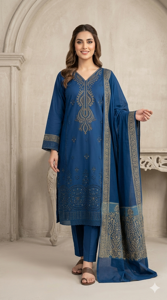 Luxe Teal Blue Lawn – 3 Piece Embroidered Suit with Boring Cutwork Front