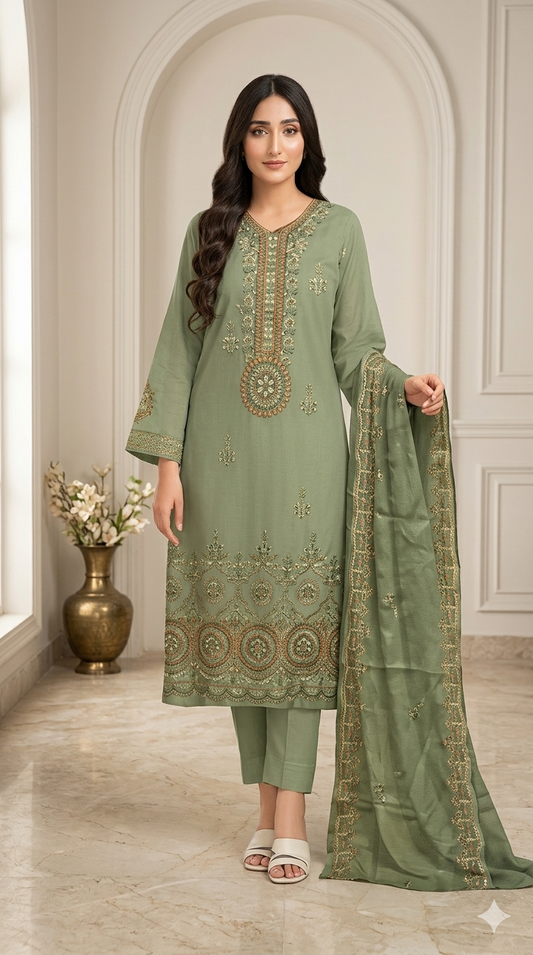 Sage Green Embroidered Luxury Lawn-unstiched-3P